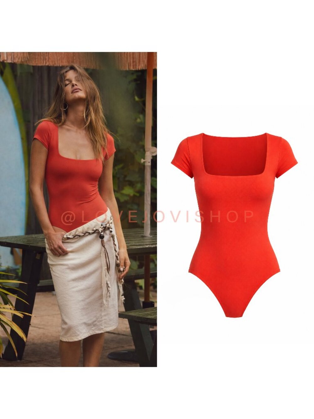Bohemian | Free People Bodysuit | Red Orange Square Neck Cap Sleeve Lined | S